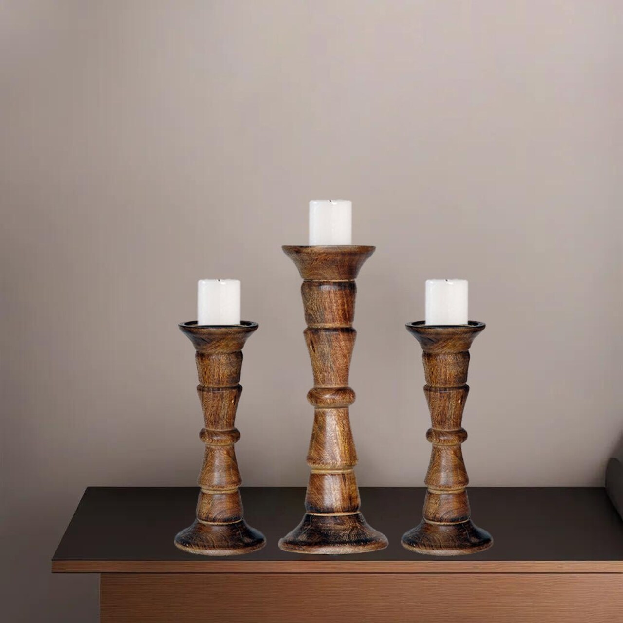 Eco-Friendly Handmade Mango Wood Pillar Candle Holder Set Of 3 Medium Burnt